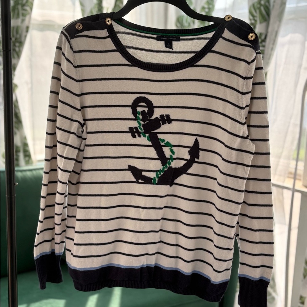 Tommy Hilfiger Navy and White Striped anchor Sweater